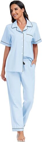 EA'S SECRET Womens 100% Cotton Pajama Sets Short Sleeve Shirt and Pajama Pants Soft Sleepwear Button Down Pjs for Women in Saudi Arabia