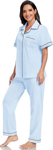 EA'S SECRET Womens 100% Cotton Pajama Sets Short Sleeve Shirt and Pajama Pants Soft Sleepwear Button Down Pjs for Women in Saudi Arabia