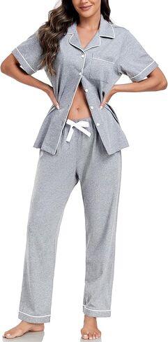 EA'S SECRET Womens 100% Cotton Pajama Sets Short Sleeve Shirt and Pajama Pants Soft Sleepwear Button Down Pjs for Women in Saudi Arabia