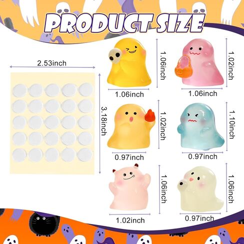 6 PCS Halloween Car Ghost Ornaments, Colourful Luminous Miniatures Resin Statue Adornments for House Landscape, Cars Accessories for Auto Decoration Dashboard Rearview Mirror Screen Display in Kuwait