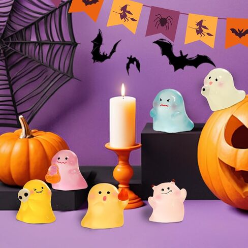 6 PCS Halloween Car Ghost Ornaments, Colourful Luminous Miniatures Resin Statue Adornments for House Landscape, Cars Accessories for Auto Decoration Dashboard Rearview Mirror Screen Display in Kuwait