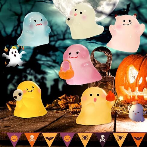 6 PCS Halloween Car Ghost Ornaments, Colourful Luminous Miniatures Resin Statue Adornments for House Landscape, Cars Accessories for Auto Decoration Dashboard Rearview Mirror Screen Display in Kuwait