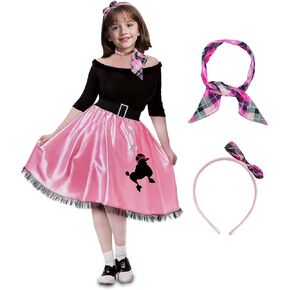 Halloween 50s Costumes for Girls Sock Hop Poodle Dress Kids 1950s Outfits with Scarf and Headband