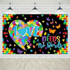 Avezano Autism Awareness Banner Love Needs No Words Photo Backdrop Loveheart Puzzle Pieces April Autism Awareness Decorations 70.8x43.3inch
