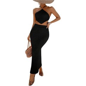 SHENHE Women's Crochet Two Piece Vacation Outfits Backless Halter Crop Top and Maxi Skirt Set