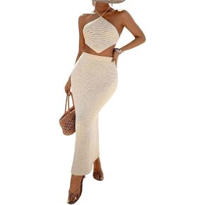 SHENHE Women's Crochet Two Piece Vacation Outfits Backless Halter Crop Top and Maxi Skirt Set