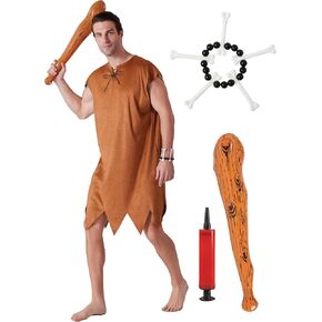 Maxim Party Supplies Caveman Costume Outfit for Halloween Includes Men's Suede Tunic, Bone Bracelet, Inflatable Bat and Pump