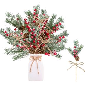 Sggvecsy 15 Pack Snow Frosted Christmas Berries Pine Picks Artificial Red Berry Pine Branches Frosted Faux Pine Stem with Pine Cones Fake Pine Needles for Xmas Tree Wreath DIY Craft Holiday Decor