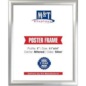 M&T Displays Snap Poster Frame 11x14 Inch Silver 1" Aluminum Profile Front Loading Wall Mounting Photo Picture Document Certificate Sign Holder Mitered Corner Anti Glare Cover (10 pack)