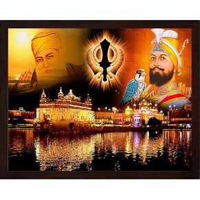 HandicraftStore Guru Gobind Singh ji and Guru nanak dev ji with eagle, Golden Temple and Sikh Symbol Kandha, A painting poster with frame, must for Sikh family home/office