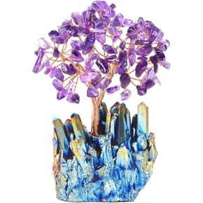 Multicolor Crystal Tree Chakra Feng Shui Tree Titanium Quartz Cluster Base Gemstone Crystals Bonsai Money Tree for Wealth and Luck