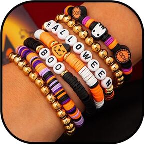 Halloween Bracelets for Women Stackable Pumpkin Charm Bracelet Set Ghost Stretch Beaded Bracelets Halloween Party Bracelets for Halloween Accessories Jewelry(7 PCS)