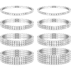 8Pcs Rhinestone Bracelets, Stackable Rhinestones Stretch Bangle Crystal Silver Sparkl Bridal Bracelet Tennis Bracelet Set Bling Wedding Bangles for Women Brides Prom Party
