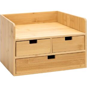 Bamboo Desk Organizer With 3 Drawers Desktop Organizer Modren Table Storage Organizer For Office Home Toiletries Supplies Vanity Kitchen, No Assembly Required, Odorless