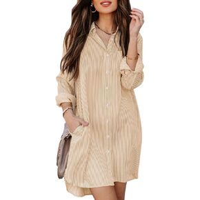 Aoudery Womens Button Down Shirt Dresses with Pockets Cotton Striped Shirts Collared Tunics Long Sleeve High Low Blouse Tops