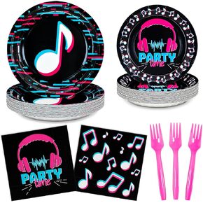 DYLIVeS 96 Pcs Music Party Supplies, Music Theme Birthday Party Decorations Disposable Tableware Packs Music Note Party Supplies for Girls - 9'' and 7'' Plates and Napkins, Forks (Serves 24)