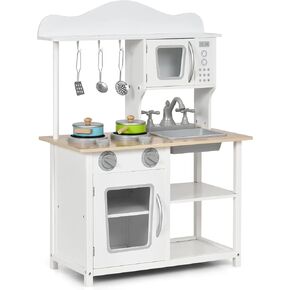 Costzon Kids Kitchen Playset, Wooden Pretend Toy Kitchen Set with Sink, Oven, Microwave, Stove, Pots, Utensils, Play Kitchen for Kids Toddlers, Gift for Boys Girls