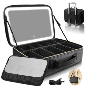 Upgraded Large Travel Makeup Bag with LED Mirror, 15" Professional Makeup Case with 3 Color Modes Dimming Lighted Mirror, Light up Cosmetic Make up Organizer with PU Leather Cover, Adjustable Dividers
