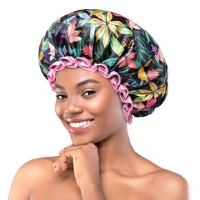 mikimini Large Shower Cap for Women Long Hair, Rainforest Bath Shower Caps with Pink Lace, Reusable Waterproof Shower Hat for Girls