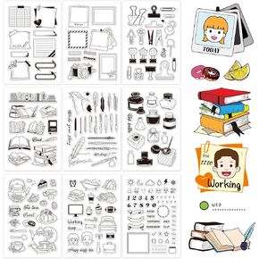 GLOBLELAND 9 Sheets Silicone Clear Stamps Seal for Card Making Decoration and DIY Scrapbooking(Calendar Planner, Clip, Book, Pen, Ink, Daily Life, Sweet Tea Time)