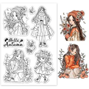 GLOBLELAND Autumn Woman Clear Stamps for Cards Making Fall Lady Clear Stamp Seals Transparent Stamps for DIY Scrapbooking Photo Album Journal Home Decoration
