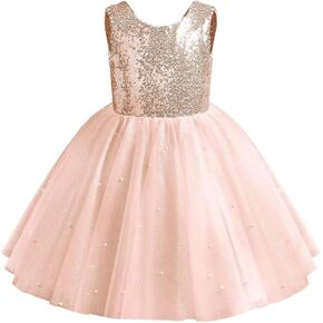 Glitter Flower Girl Dress Knee-Length Sequins Dresses for Wedding Tulle Pearl Tutu Pageant Dress Bow-Knot