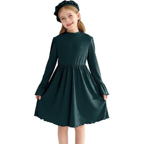 YOUNGER TREE Girls Dresses Fall Long Sleeve Knit Plaid Dress A Line Casual Winter Dress 4-12 Years