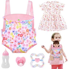 Baby Doll Carrier for 16-22 Inch Dolls,Reborn Doll Backpack Carrier for Little Girls with 18 inch Doll Clothes and Accessories Included Doll Carrier,Doll Dress,Feeding Bottle,Pacifier, Rattling Toy