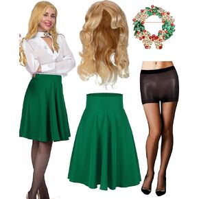 4 Pcs Christmas Women 1980s Movie Costume Blonde Wig Christmas Brooch Green Skirt Tights for Halloween Holiday