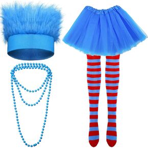 Geyoga Halloween Tulle Tutu Costume Set Hairy Headband Wig Knee Striped Socks Tutu Skirt Necklace Women Carnival Costume