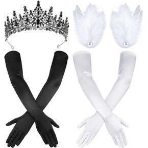 4 Pcs Halloween White Swan Black Swan Costume Set Black Tiara Crown White Feather Hair Clip 2 Pairs Satin Gloves Halloween Costumes for Women Prom Halloween Accessories
