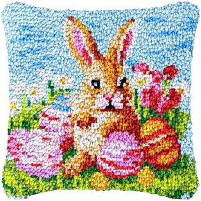 Easter Bunny Latch Hook Pillow Kits Cover for DIY Cushion Cross Stitch Latch Hook Pillowcase Rug Kits with Preprinted Canvas Crochet Yarn Kits Needlework Crafts 17'' X 17''