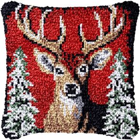 Merry Christmas Reindeer Elk Latch Hook Pillow Kit for Adults DIY Throw Red Pillow Cover with Printed Canvas Crochet Yarn Needle Craft Easy Handmade Cushion for Home Sofa Decoration 43x43cm(11)