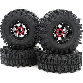 HOBBYSOUL RC Adjustable 4 Offsets 1.9 Beadlock wheels and tires, Height 120mm 1.9 Mud Slingers Tires and Silver Black 1.9 Rims 6 Spokes For 1/10 Crawler TRX4 SCX10 Gen8,(4-Pack)