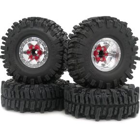 HOBBYSOUL RC Adjustable 4 Offsets 1.9 Beadlock wheels and tires, Height 120mm 1.9 Mud Slingers Tires and Silver Black 1.9 Rims 6 Spokes For 1/10 Crawler TRX4 SCX10 Gen8,(4-Pack)