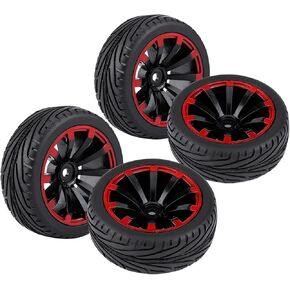 Tires,4pcs Set Tires Rubber Tyre Racing Off Road Wheel Rim for RC 1:10 Car Part (F-Shaped tire Pattern with red and 10-Hole)
