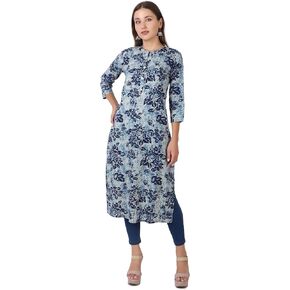ladyline Women's Casual Straight 100% Cotton Printed Kurti Kurta Tunic Dress Button Neck