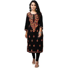 ladyline Womens Silk Rayon Lucknowi Handcrafted Embroidered Chikan Kurti Tunic Kurta Dress