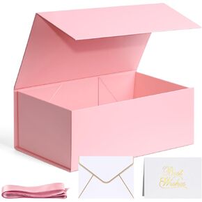 VGOODALL Pink Gift Box with Lid, 11.6x5.9x3.9 inches Gift Box with Ribbon Greeting Card Magnetic Gift Box for Presents Wedding Birthday