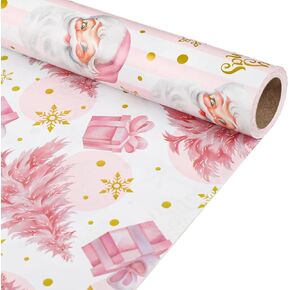 KIMOBER Reversible Christmas Wrapping Paper Roll,17in × 33 Feet Pink Paper with Santa and Christmas Tree and Cut Lines on Reverse(Pink Reversible Paper)