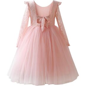 Tutu.kk Toddler Girls Tutu Dress Lace Bow Tie-Back Straight Tulle Long Sleeve Flower Girl Dresses for Party