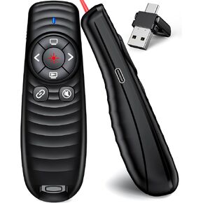 Rechargeable 2-in-1 USB Type C Wireless Presentation Clicker, Finger Ring Clicker Powerpoint Clicker with Red Light & Volume Control, Wireless Presenter Remote Pointer for Slide MAC Computer PC Laptop