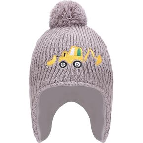 Kids Boys Cute Excavator Earflap Hat Winter Fleece Lined Ski Cap Knitted Beanies for Cold Weather