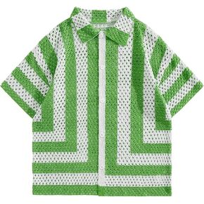 Verdusa Men's Short Sleeve Hollow Out Knit Shirts Collar Button Up Striped Sweater