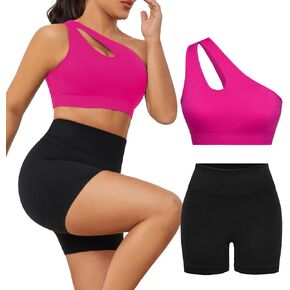 Women's 2 Piece Exercise One shoulder Sports Bra Tops High Waist Shorts Leggings Active Set