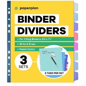 3 Ring Binder Dividers with Tabs - (12 Sets) x 8 Tab Dividers for 3 Ring Binders - White - Binder Dividers with Tabs - Binder Tabs - Page Dividers for 3 Ring Binder with Tabs - Binder Tabs Dividers