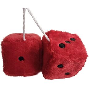 1 Pair Retro Dots Fuzzy Dice Car Mirror Hanging with Suction, Cubic Square Plush Dice Auto Rearview Mirror Dice for Car Ornament Decoration (Red)