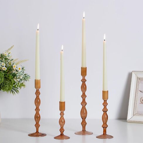 Hewory Glass Candle Holder Set: 4PCS Amber Glass Candlestick Holders Vintage Taper Candle Holders for Candlesticks, Unique Candle Sticks Holder Decor for Table Dinner Festival Events Decorations in Kuwait
