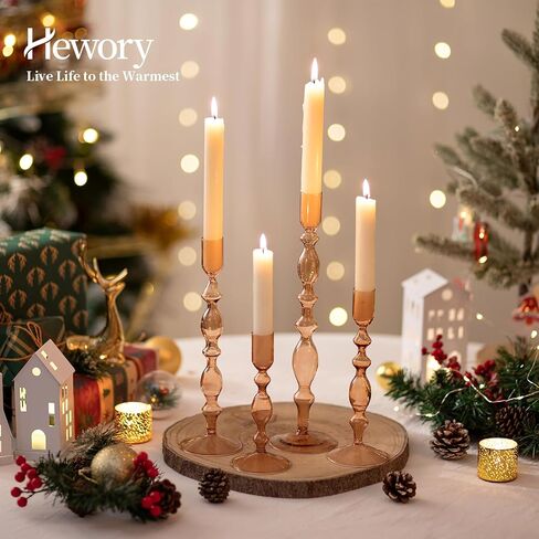 Hewory Glass Candle Holder Set: 4PCS Amber Glass Candlestick Holders Vintage Taper Candle Holders for Candlesticks, Unique Candle Sticks Holder Decor for Table Dinner Festival Events Decorations in Kuwait