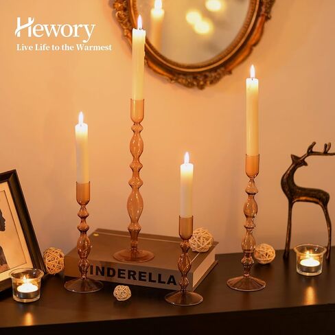 Hewory Glass Candle Holder Set: 4PCS Amber Glass Candlestick Holders Vintage Taper Candle Holders for Candlesticks, Unique Candle Sticks Holder Decor for Table Dinner Festival Events Decorations in Kuwait